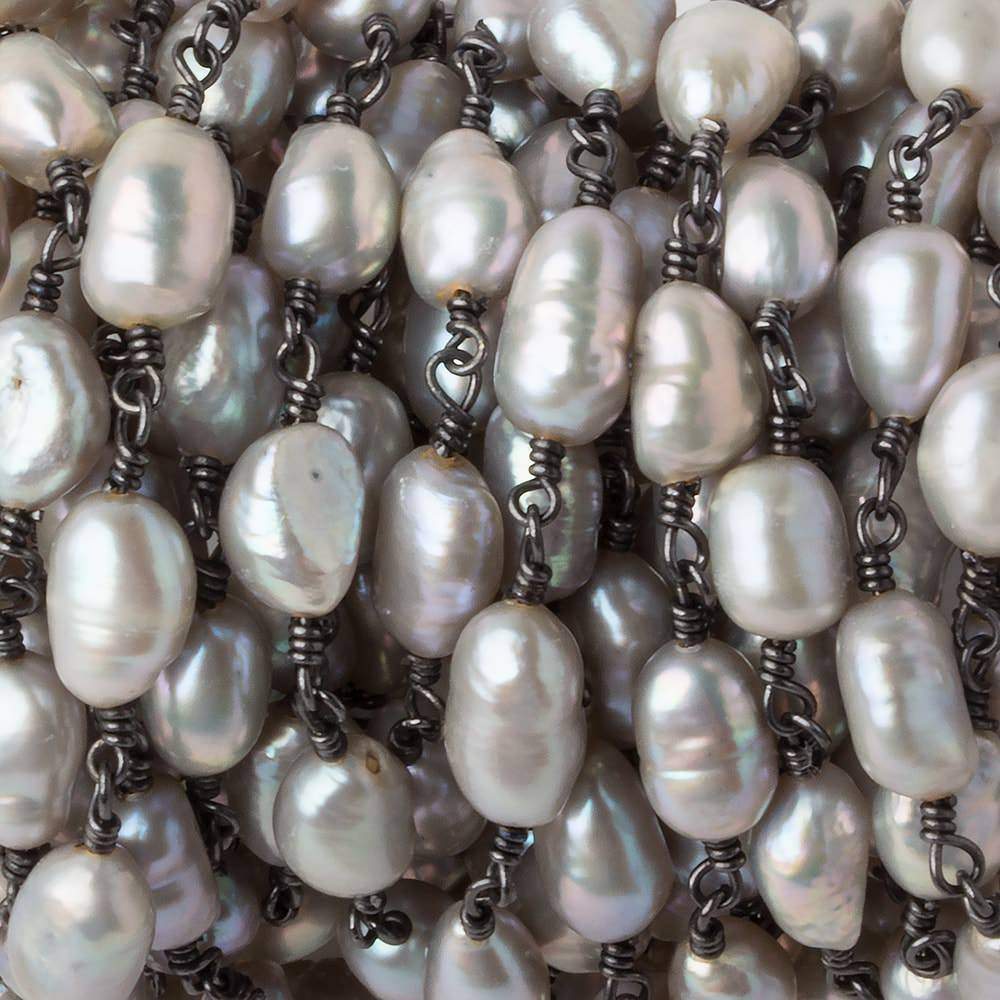 8x6-9x6mm Peacock Silver Baroque Pearl Black Gold plated Chain by the foot 18 pearls