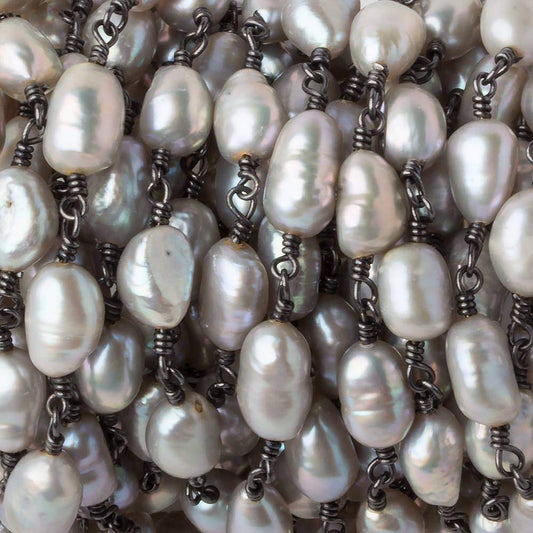8x6-9x6mm Peacock Silver Baroque Pearl Black Gold plated Chain by the foot 18 pearls