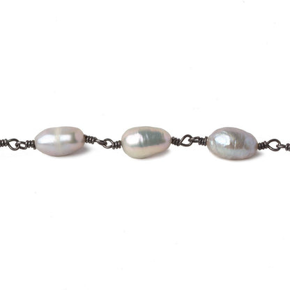 8x6-9x6mm Peacock Silver Baroque Pearl Black Gold plated Chain by the foot 18 pearls