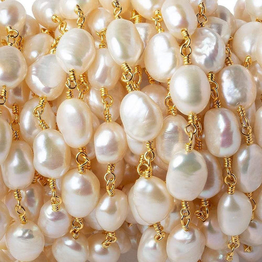 8x6mm Cream Straight Baroque Pearl Gold plated Chain by the foot 20 beads