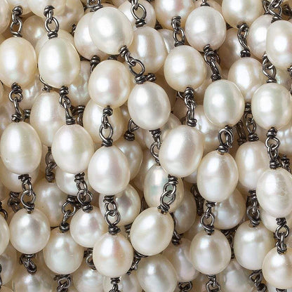 8x6mm Off White Oval Pearl Black Gold .925 Silver Chain by the foot 22 pieces