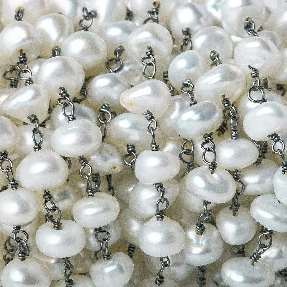8x6mm White center drilled Keshi Pearl Black Gold plated Chain by the foot 31pc