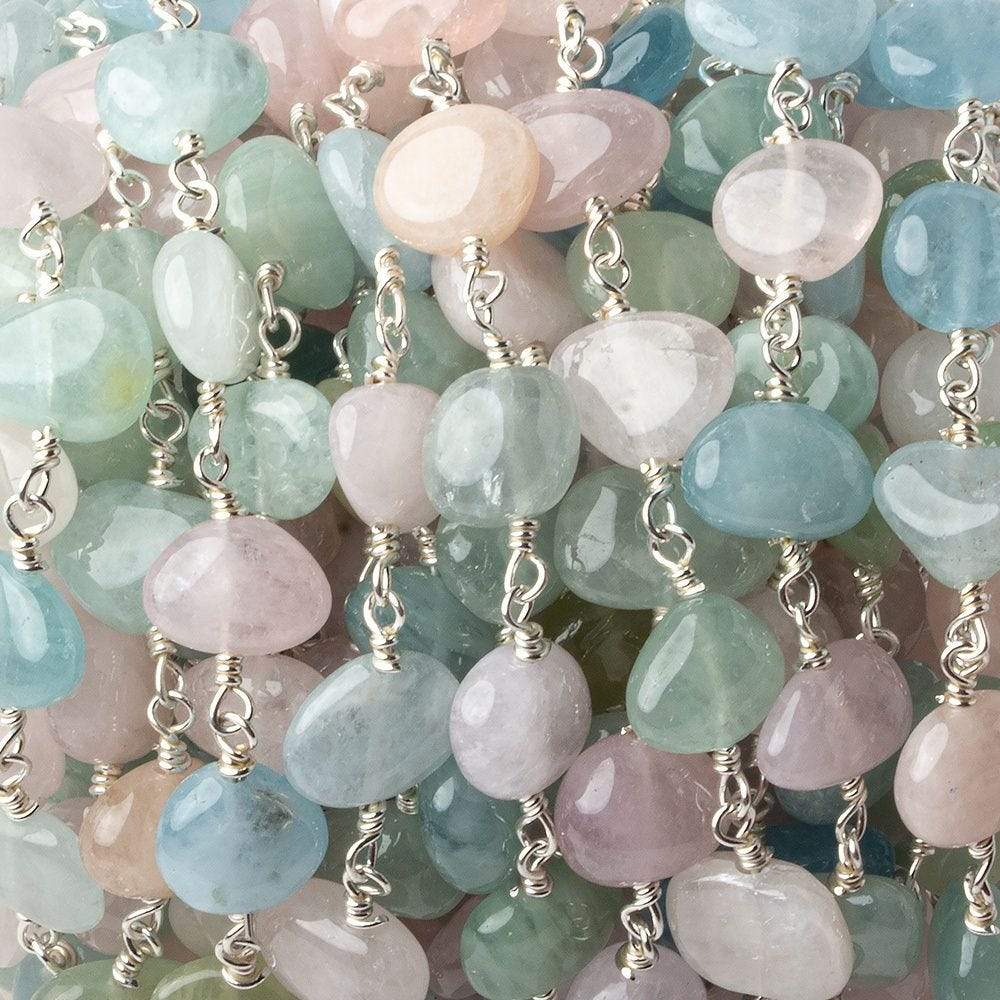 8x7-11x8mm Multi Beryl plain nugget .925 Silver Chain by the foot 21 pcs