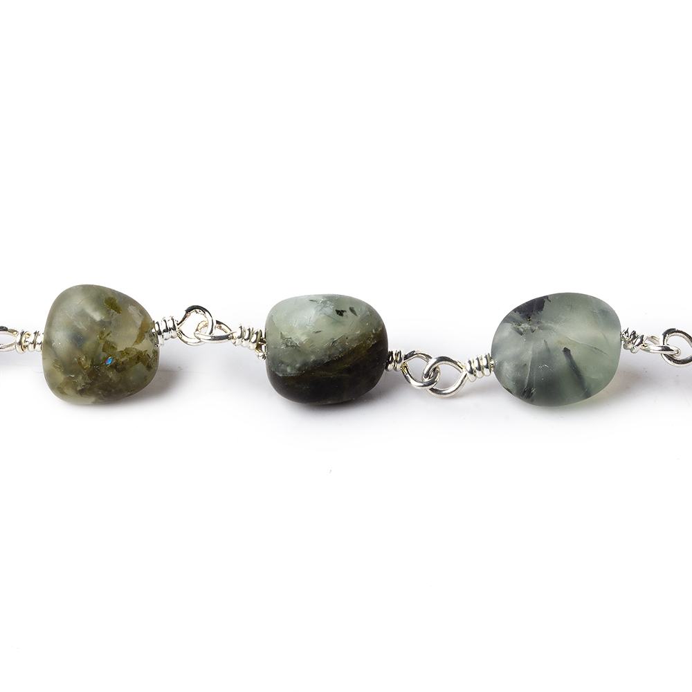 8x7-12x9mm Matte Dendritic Prehnite plain nugget Silver plated Chain by the foot