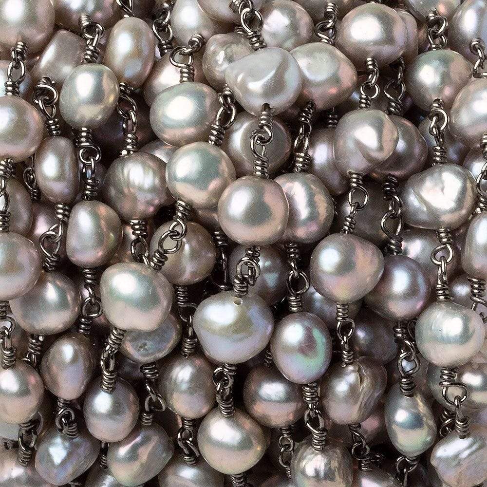8x7mm Rose' Silver Baroque Pearl Black Gold plated Chain by the foot 26 pieces