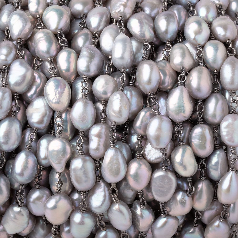 9-10mm Silver Baroque Pearls on Black Gold over .925 Silver Chain