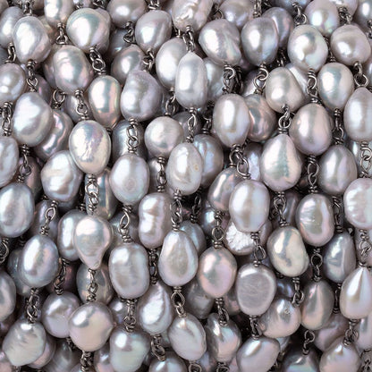 9-10mm Silver Baroque Pearls on Black Gold over .925 Silver Chain