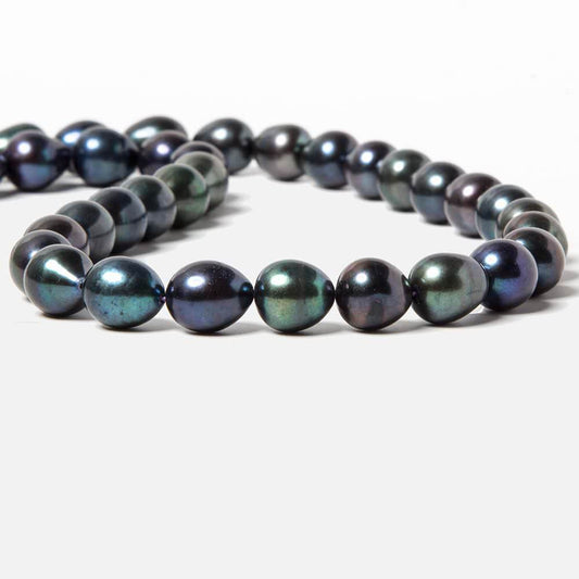 9-11mm Navy Green Peacock Straight Drill Oval Freshwater Pearl 37 pcs