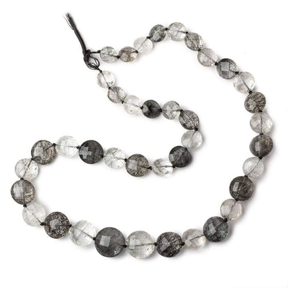 9-16mm Black Tourmalinated Quartz faceted coin beads 19 inch 39 pieces AA