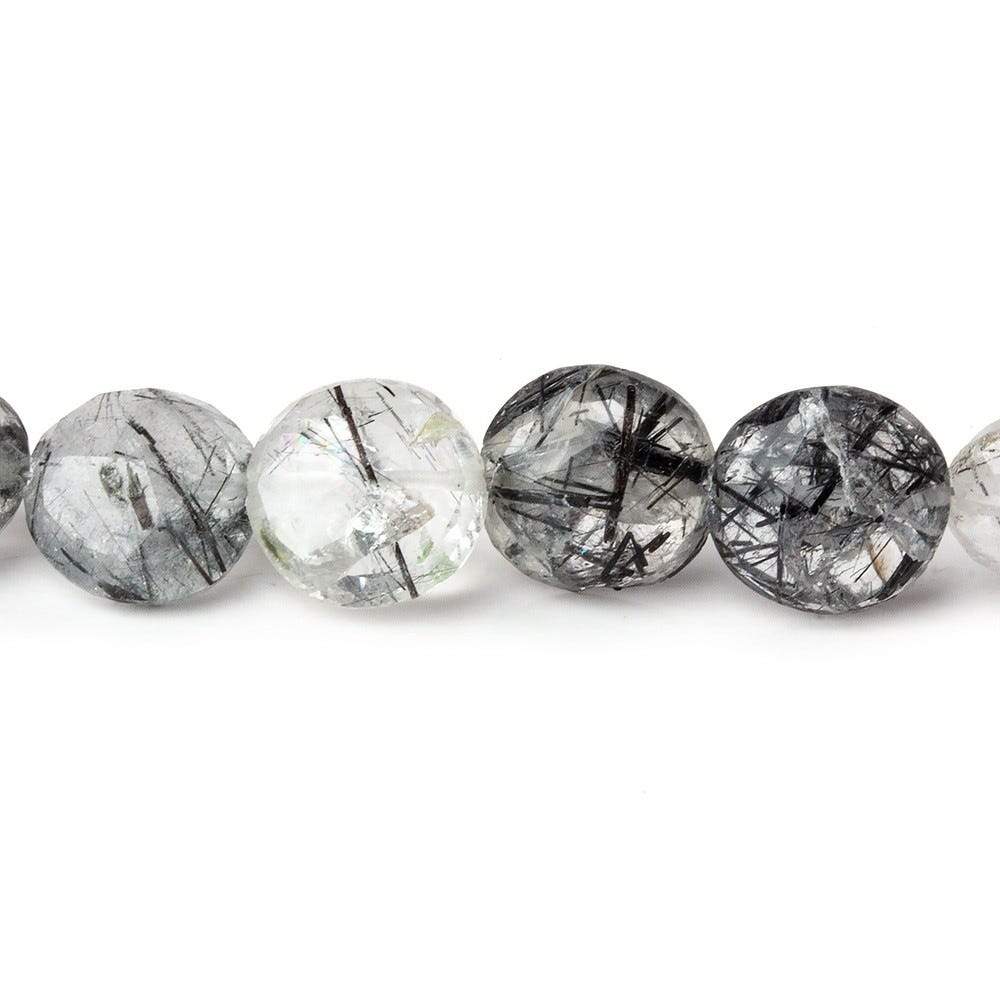 9-9.5mm Black Tourmalinated Quartz Faceted Coin 8 inch 24 beads A