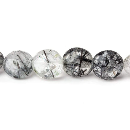 9-9.5mm Black Tourmalinated Quartz Faceted Coin 8 inch 24 beads A