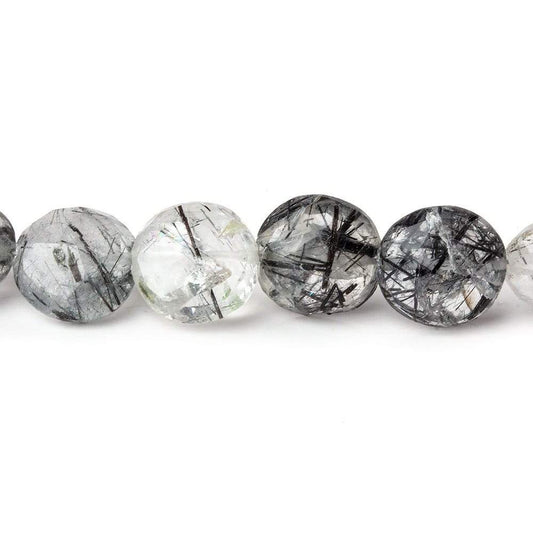 9-9.5mm Black Tourmalinated Quartz Faceted Coin 8 inch 24 beads A