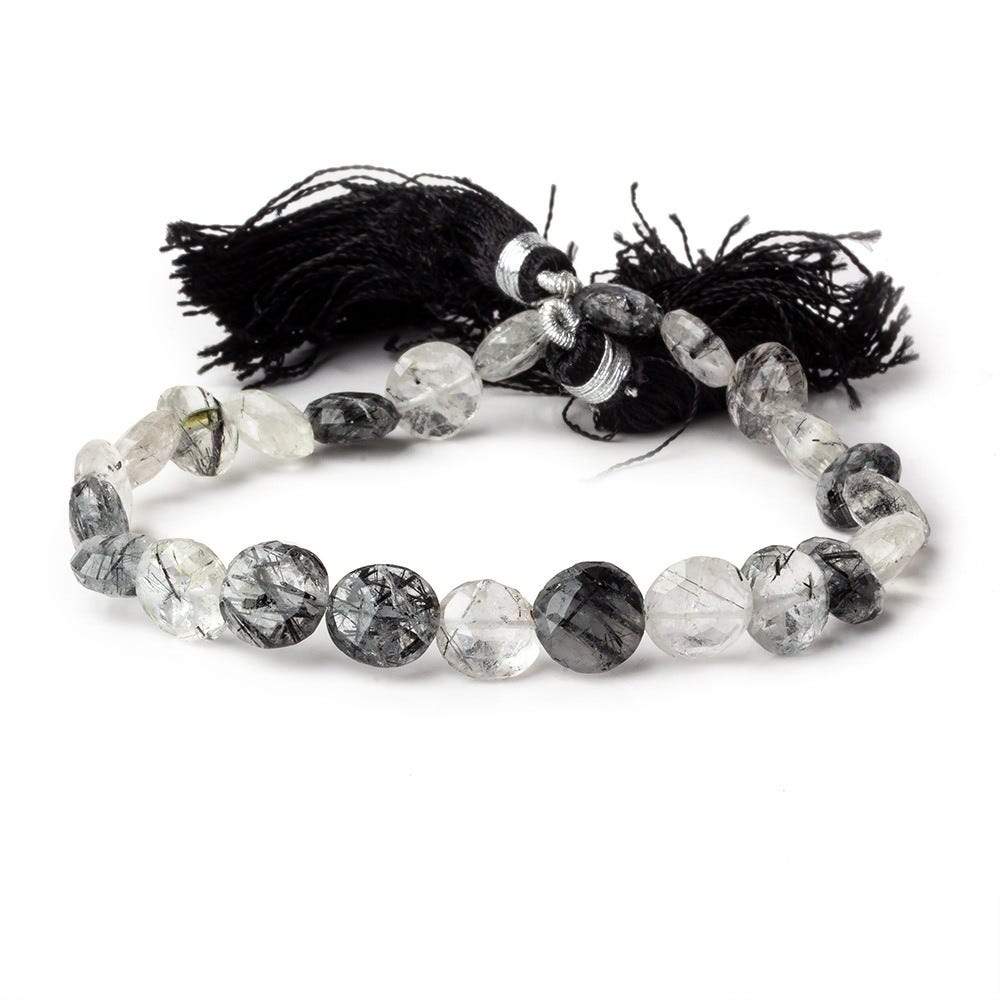 9-9.5mm Black Tourmalinated Quartz Faceted Coin 8 inch 24 beads A