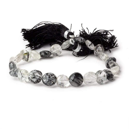 9-9.5mm Black Tourmalinated Quartz Faceted Coin 8 inch 24 beads A