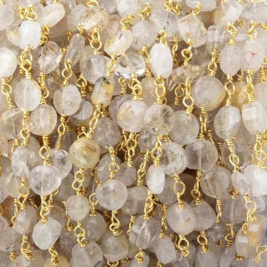 5-6mm Rutilated Quartz faceted coin Gold plated Chain by the foot 25 pieces