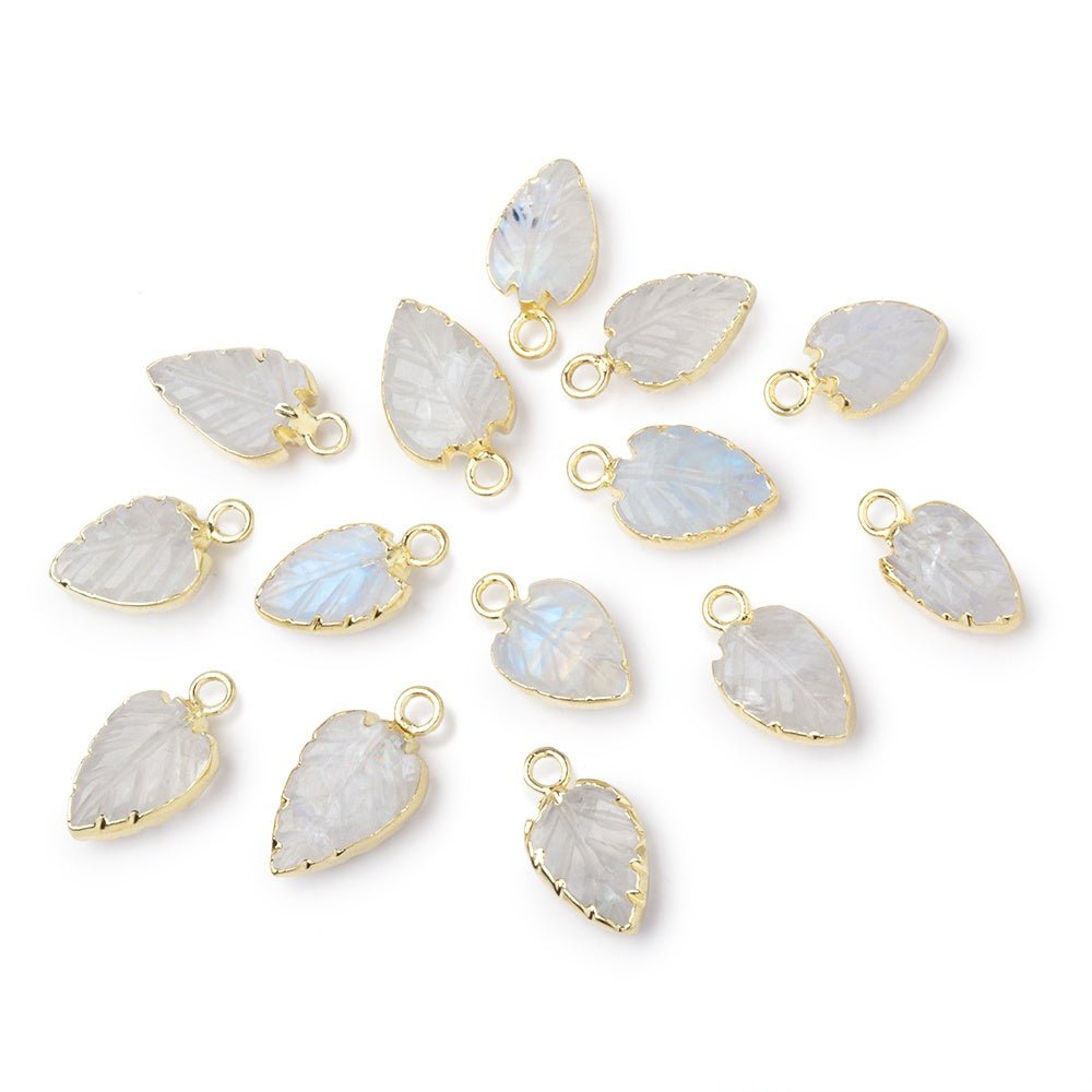 9.5-10.5mm Gold Leafed Rainbow Moonstone Carved Leaf Focal 1 piece