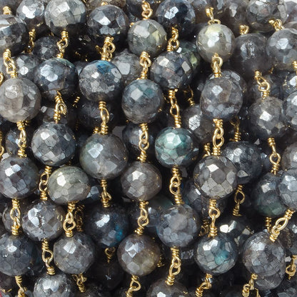 9.5mm Mystic Labradorite faceted round Gold plated Chain by the foot 18 pcs