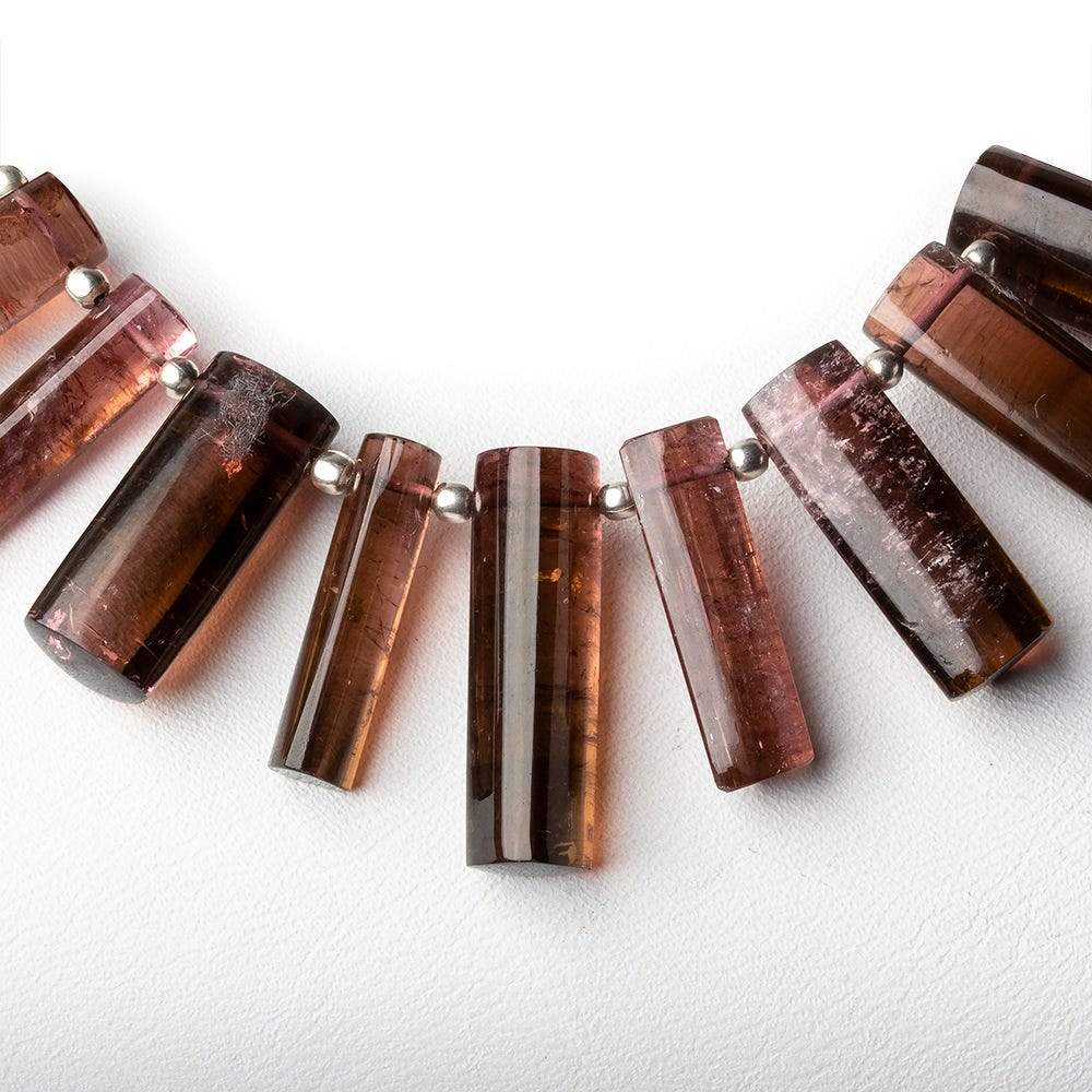 9.5x6x6-21x6x6mm Bi-Color Tourmaline top drilled plain Triangular Tubes 8 inch 26 beads AAA
