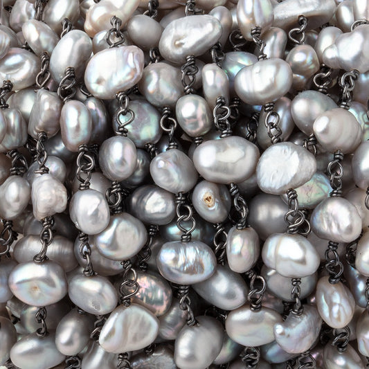 7x5-9x7mm Silver Keshi Pearls on Black Gold over .925 Silver Chain