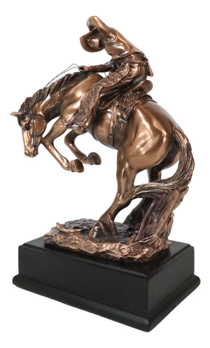 Rustic Western Rodeo Cowboy on a Rearing Horse Bronzed Resin Statue