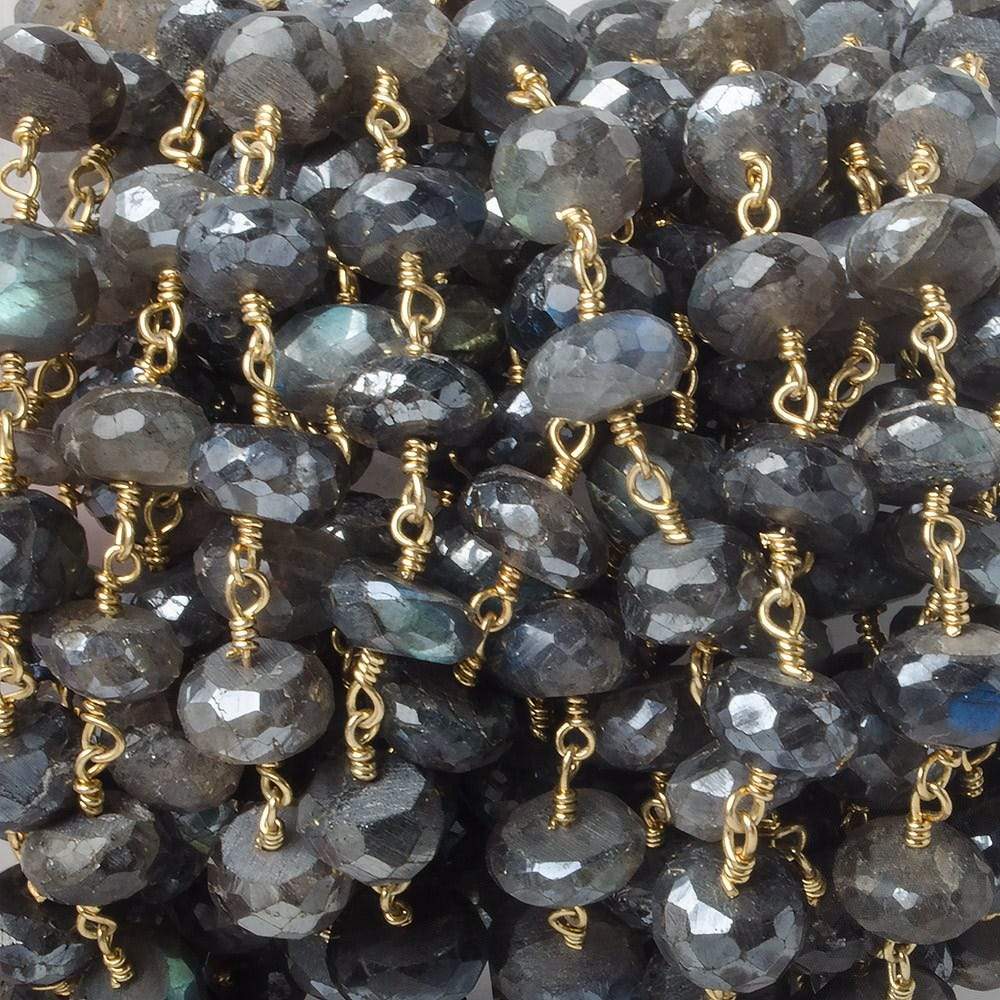 9mm Mystic Labradorite faceted rondelle Gold Plated Chain by the foot 22 pcs