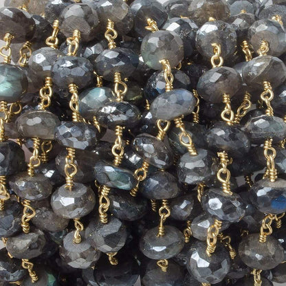 9mm Mystic Labradorite faceted rondelle Gold Plated Chain by the foot 22 pcs