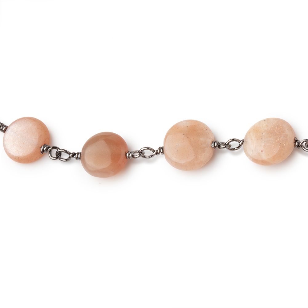 9mm Peach Moonstone Plain Coins on Black Gold Plated Chain
