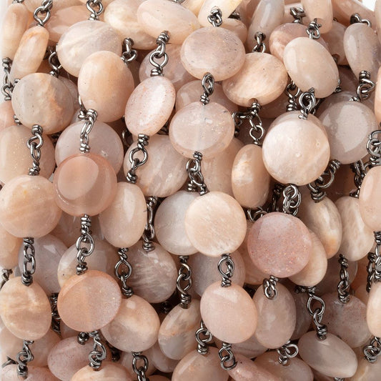 9mm Peach Moonstone Plain Coins on Black Gold Plated Chain