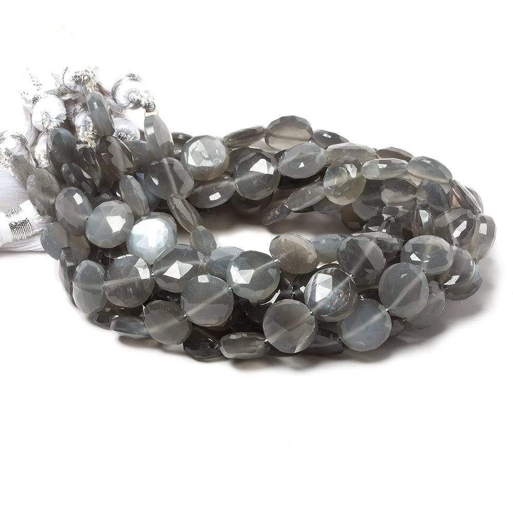 9mm Platinum Dark Grey Moonstone faceted coin beads 8 inch 23 pieces