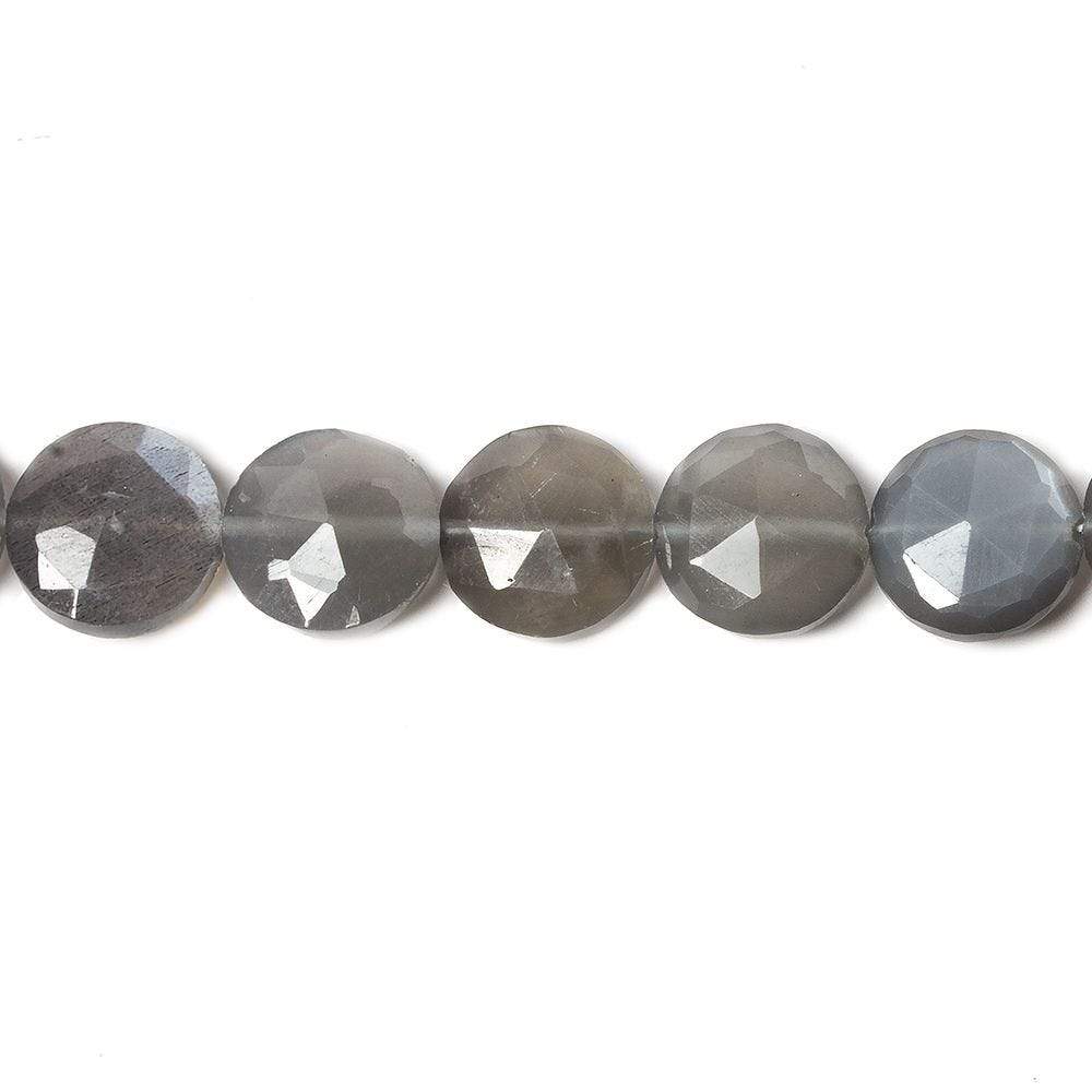 9mm Platinum Dark Grey Moonstone faceted coin beads 8 inch 23 pieces