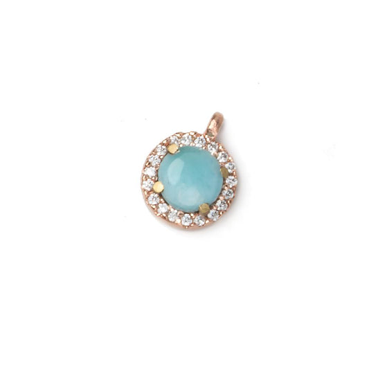 9mm Rose Gold Bezel White CZ and Larimar Coin Pendant 1 focal piece