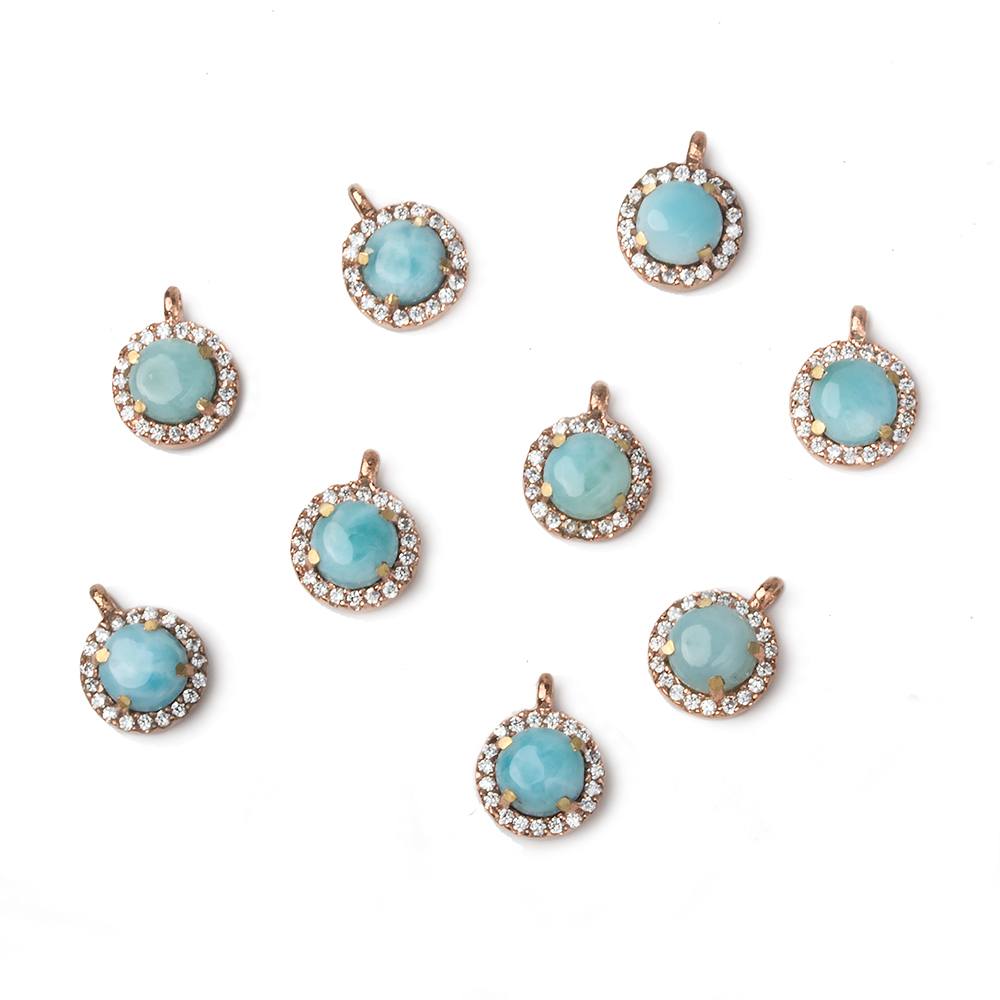 9mm Rose Gold Bezel White CZ and Larimar Coin Pendant 1 focal piece