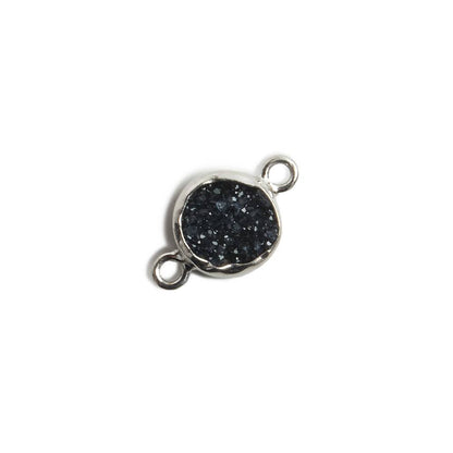 9mm Silver Bezel Black Drusy Coin 2 ring Charm Connector 1 piece