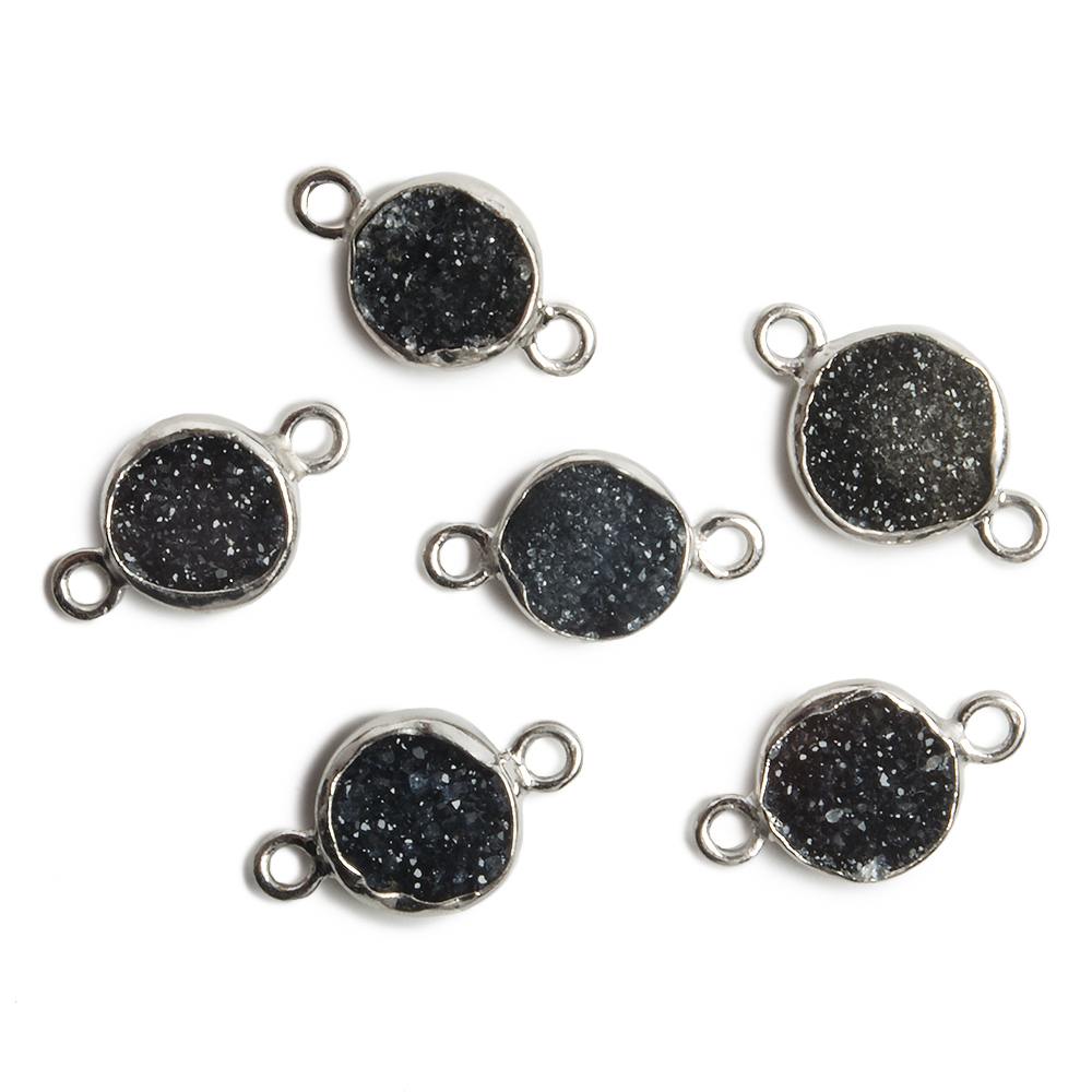 9mm Silver Bezel Black Drusy Coin 2 ring Charm Connector 1 piece