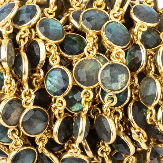 9mm Vermeil Bezeled Labradorite faceted Coin Chain by the foot 18 beads