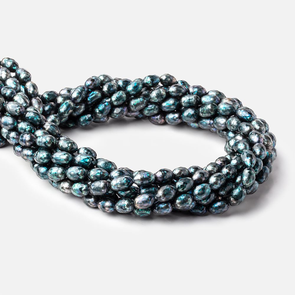 9x6-10x6.5mm Teal Blue Faceted Oval Freshwater Pearls 16 inch 44 pieces