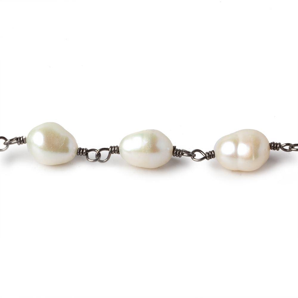 9x6-10x7mm Off White Baroque Pearl Black Gold plated Chain by the foot 18 pcs