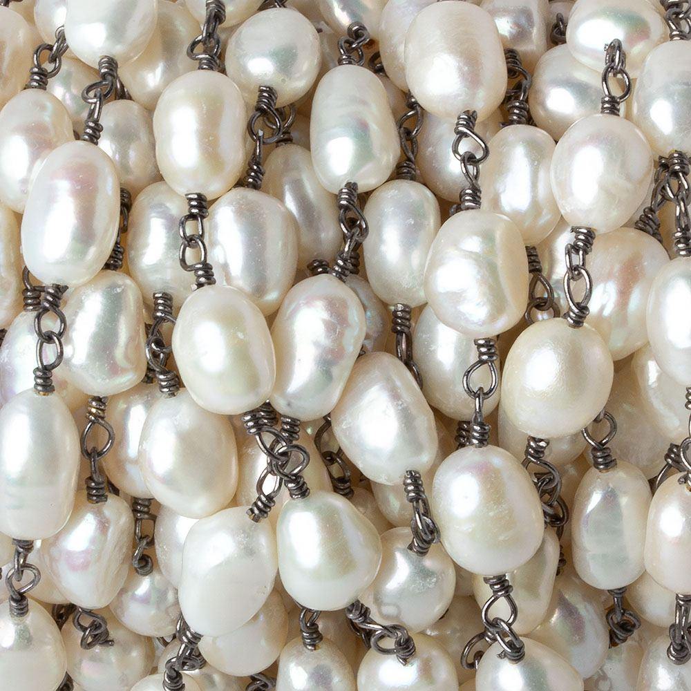 9x6-10x7mm Off White Baroque Pearl Black Gold plated Chain by the foot 18 pcs