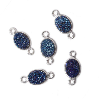 9x6mm Silver .925 Bezel Mystic Aegean Blue Drusy Oval Connector Set of 4 Pieces