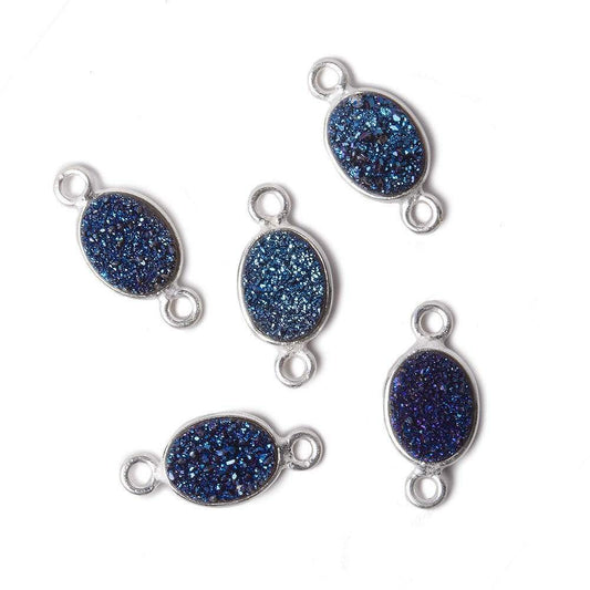 9x6mm Silver .925 Bezel Mystic Aegean Blue Drusy Oval Connector Set of 4 Pieces
