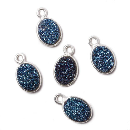 9x6mm Silver .925 Bezel Mystic Aegean Blue Drusy Oval Pendant Set of 4 Pieces