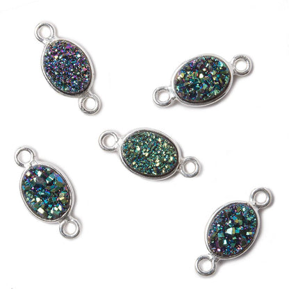 9x6mm Silver .925 Bezel Mystic Mermaid Green Drusy Oval Connector 1 piece