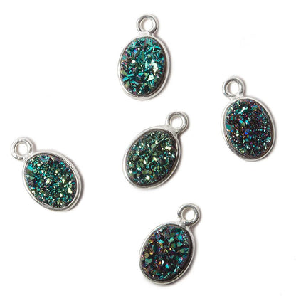 9x6mm Silver .925 Bezel Mystic Mermaid Green Drusy Oval Pendant Set of 4 Pieces