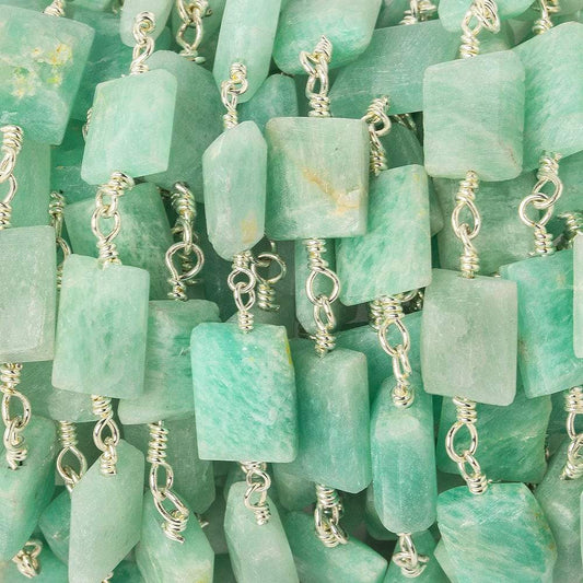 9x7mm - 11x9mm Matte Amazonite Bevel Faceted Rectangle Silver plated Chain