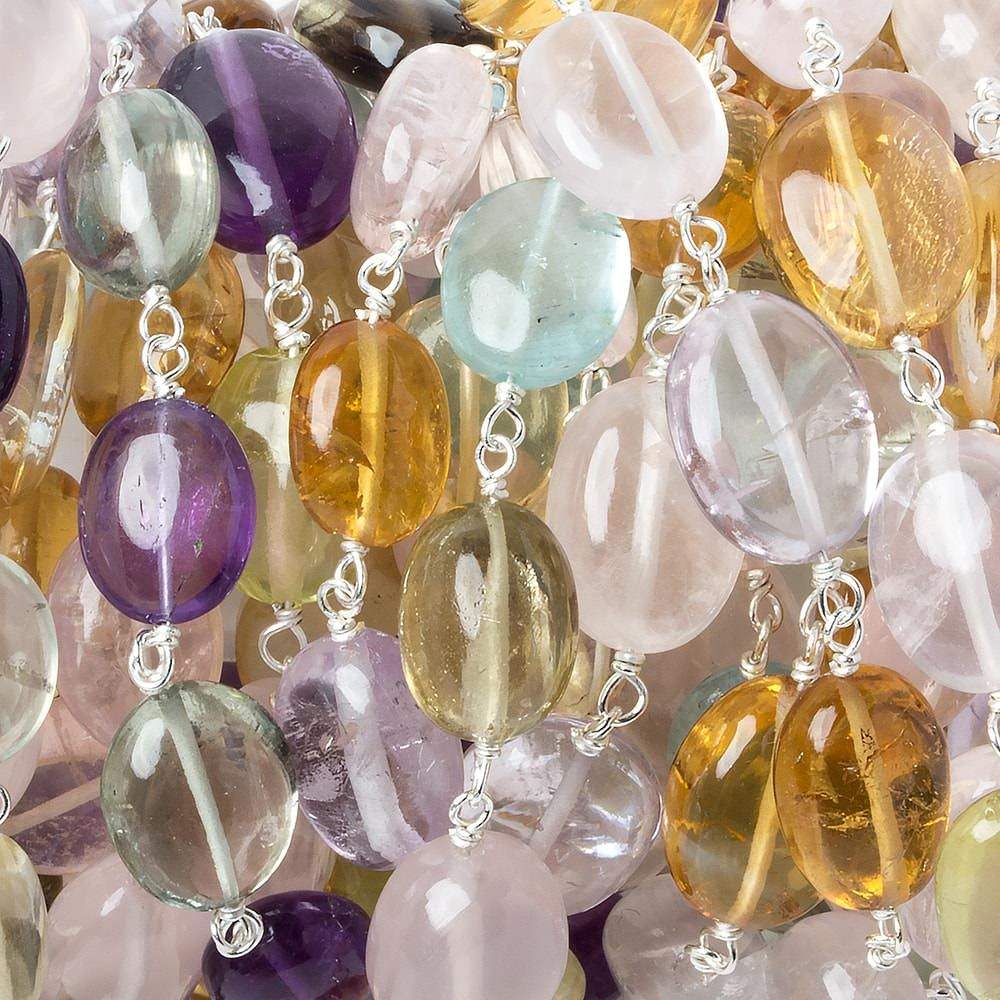9x7-12x9mm Multi Gemstone plain nugget .925 Silver Chain by the foot 20 beads