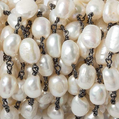9x7mm Cream Straight Baroque Pearl Black Gold Plated Chain by the foot 19 beads