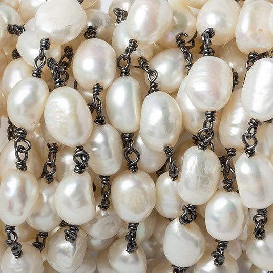 9x7mm Cream Straight Baroque Pearl Black Gold Plated Chain by the foot 19 beads