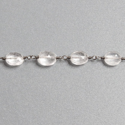 9x7mm Crystal Quartz faceted oval Black Gold plated Chain by the foot 20 beads