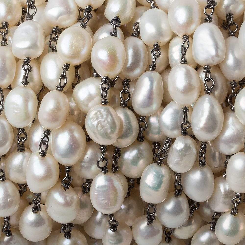 9x7mm Off White Baroque Pearl Black Gold .925 Silver Chain by the foot 20 pieces