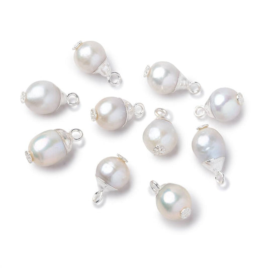 9x7mm Silver Leafed White Drop Freshwater Pearl Pendant Focal 1 piece